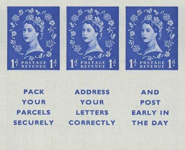 Stamp sheet with head of Queen Elizabeth II and postage instructions